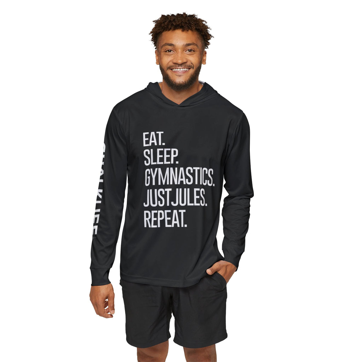 JUSTJULES - Eat. Sleep. Gymnastics. JustJules. Repeat. Performance Hoodie - Men's - Chalklife, LLC