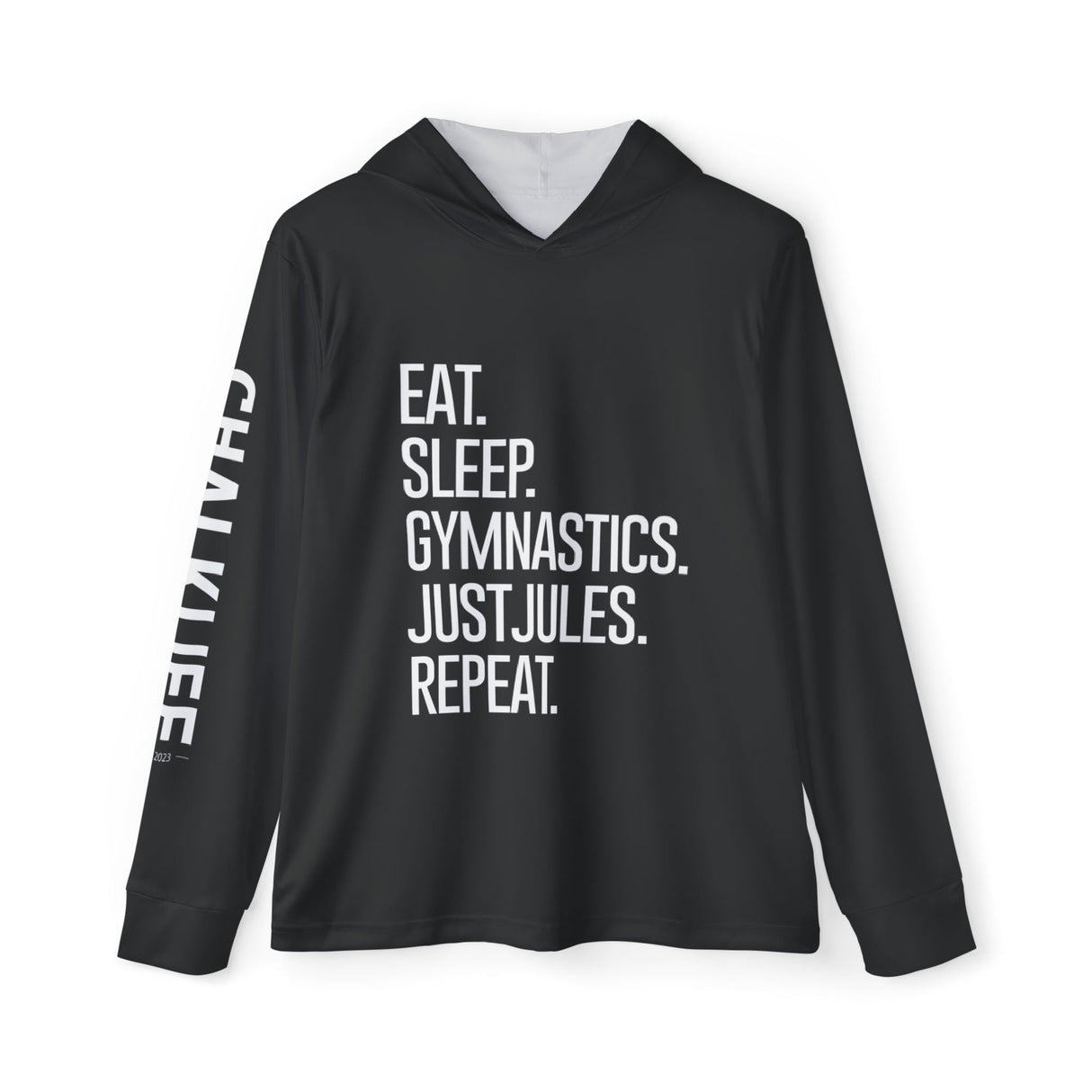 JUSTJULES - Eat. Sleep. Gymnastics. JustJules. Repeat. Performance Hoodie - Men's - Chalklife, LLC