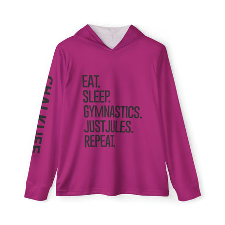 JUSTJULES - Eat. Sleep. Gymnastics. JustJules. Repeat. Performance Hoodie - Pink - Chalklife, LLC