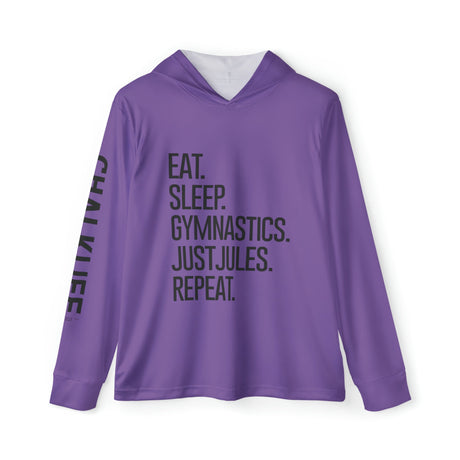 JUSTJULES - Eat. Sleep. Gymnastics. JustJules. Repeat. Performance Hoodie - Purple - Chalklife, LLC