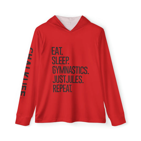 JUSTJULES - Eat. Sleep. Gymnastics. JustJules. Repeat. Performance Hoodie - Red - Chalklife, LLC