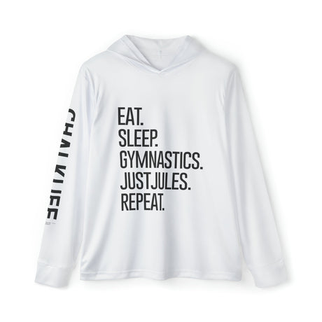 JUSTJULES - Eat. Sleep. Gymnastics. JustJules. Repeat. Performance Hoodie - White - Chalklife, LLC